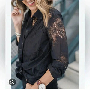 Anthropologie Cabi lace black button down shirt
